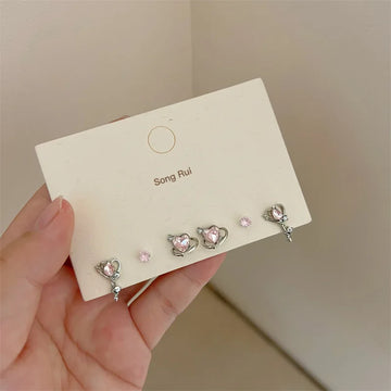 DAIIIBABYYY  -  Sweet Shining Y2K White Pink Heart Shape Stud Earrings Women Girl Korean Fashion Rhinestone Earring Jewelry Accessories